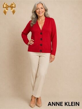 Anne Klein Red Silk Blend Button Front Cardigan Sweater Size PL